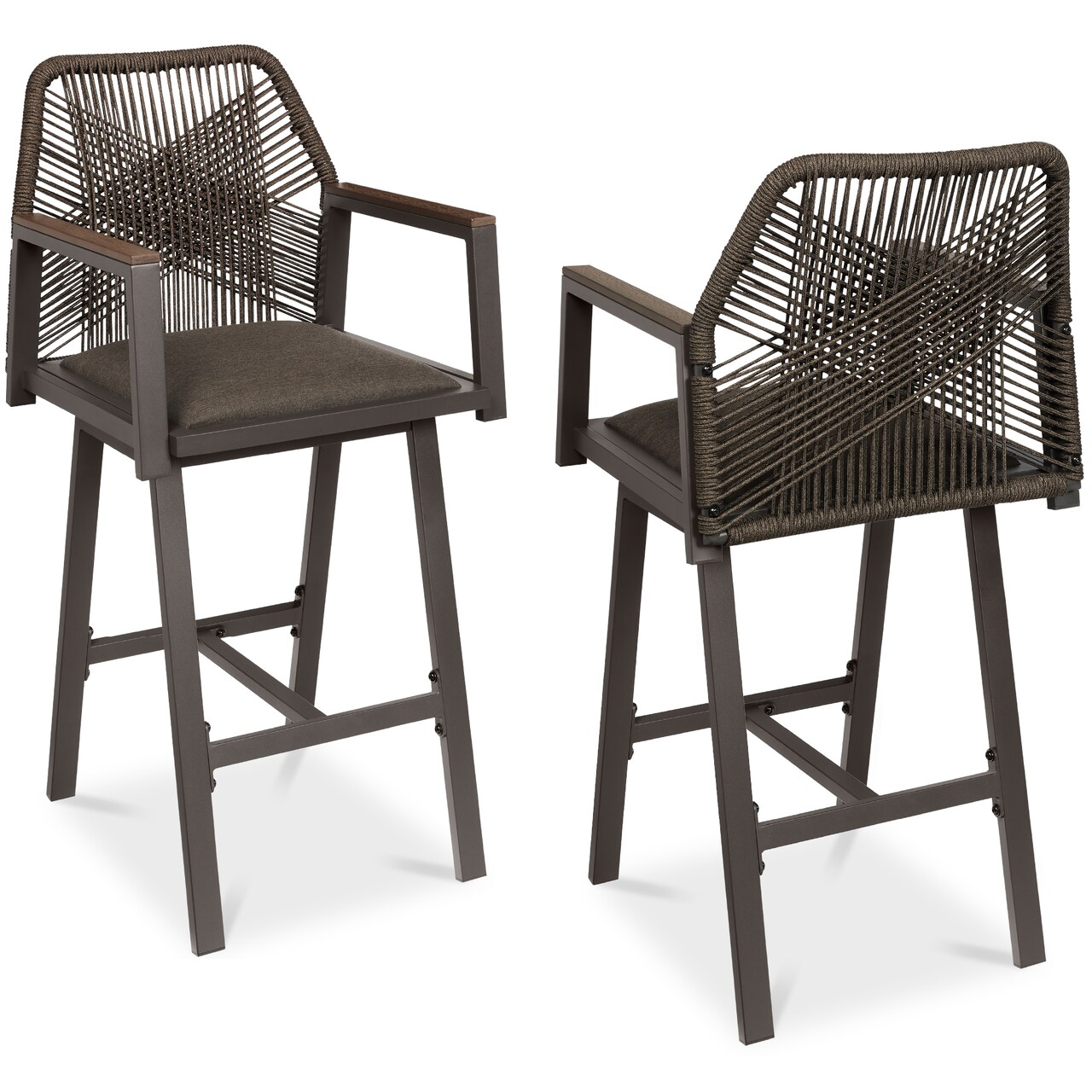Best Choice Products Set of 2 Indoor/Outdoor Aluminum, Woven Rope Swivel Barstools w/ Armrests